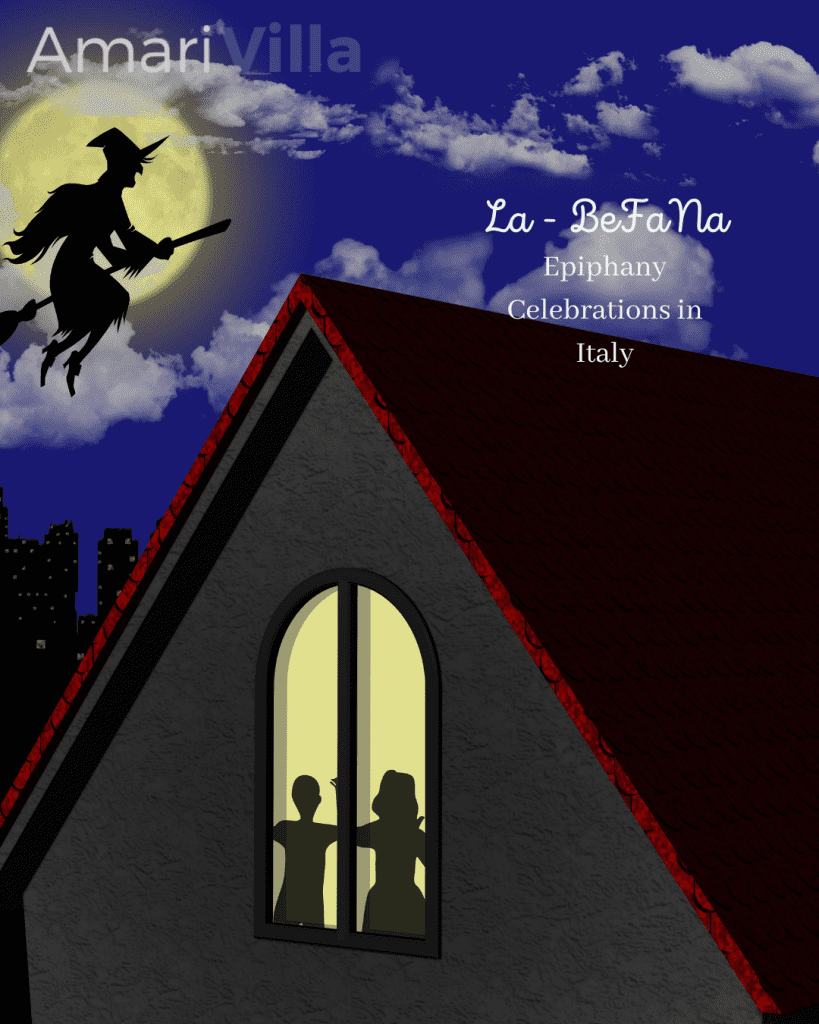 Celebrating La Befana, an Italian Epiphany tradition. . the La Befana, a witch flying on a broomstick, is seen in the sky. "La Befana - Epiphany Celebrations in Italy," indicating the cultural context, a sense of wonder and folklore associated with the La Befana celebrations. VIlla for rent Kefalonia